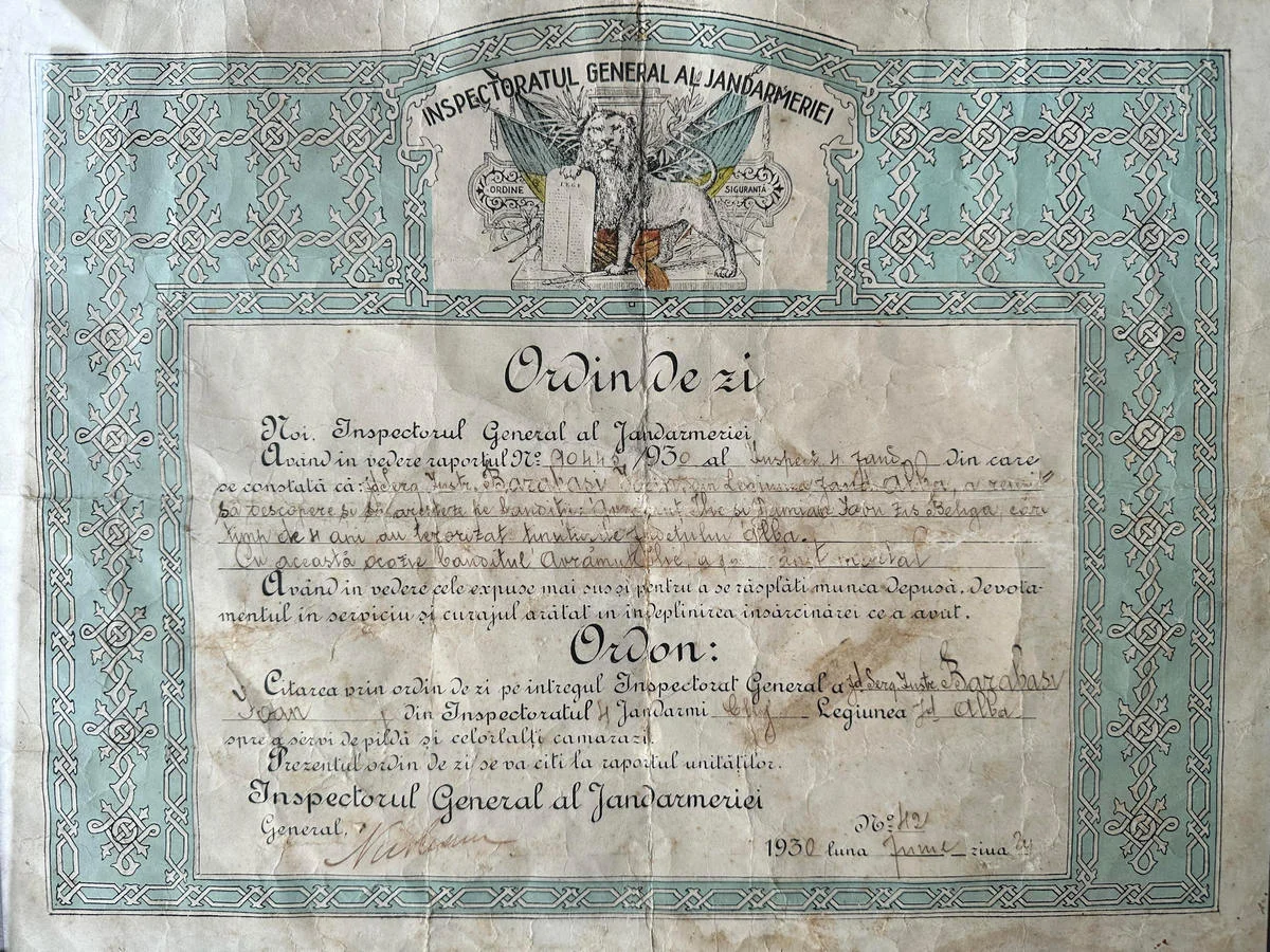 Diploma Barabas Ioan Inspectoratul General Al Jandarmeriei